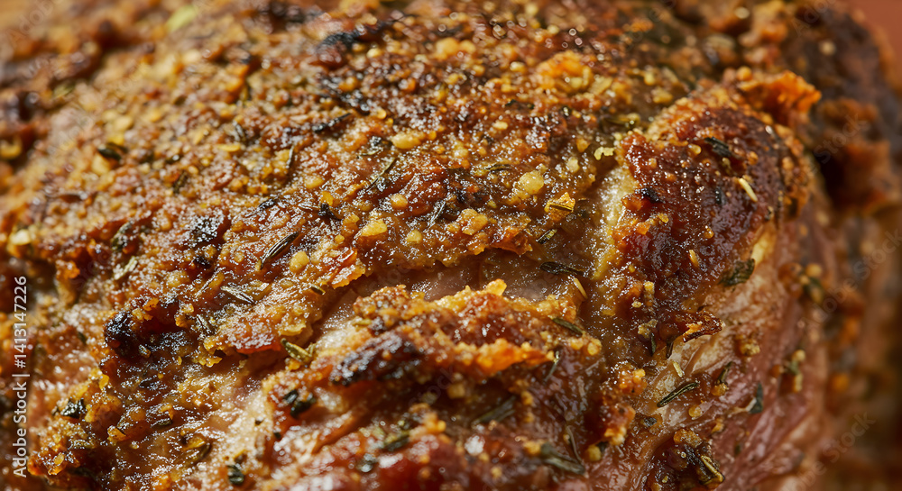 Delicious Crusty Meatloaf Presentation Enhanced with Herbs and Spices Close Up View Delicious Crusty Meatloaf Presentation Enhanced with Herbs and Spices Close Up View
