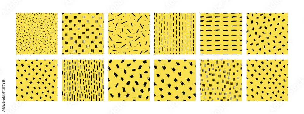 Small dash seamless pattern collection. Hand-drawn abstract geometric backgrounds with scattered dashes on yellow. Ideal for textile, wrapping paper, web design, and modern branding