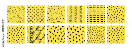 Obraz na płótnie Small dash seamless pattern collection. Hand-drawn abstract geometric backgrounds with scattered dashes on yellow. Ideal for textile, wrapping paper, web design, and modern branding w salonie