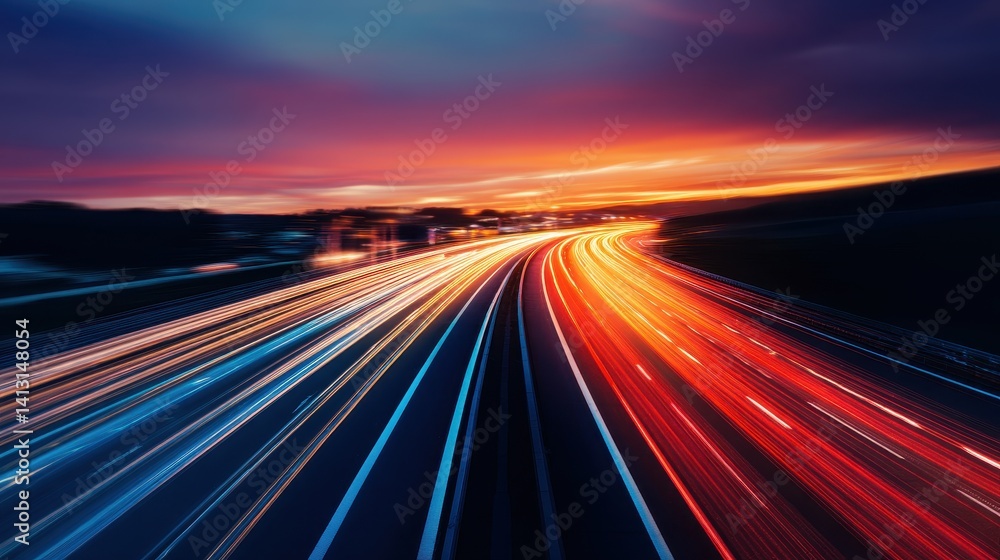 Dynamic light trails on a highway at sunset, showcasing vibrant colors and blurred motion Dynamic light trails on a highway at sunset, showcasing vibrant colors and blurred motion