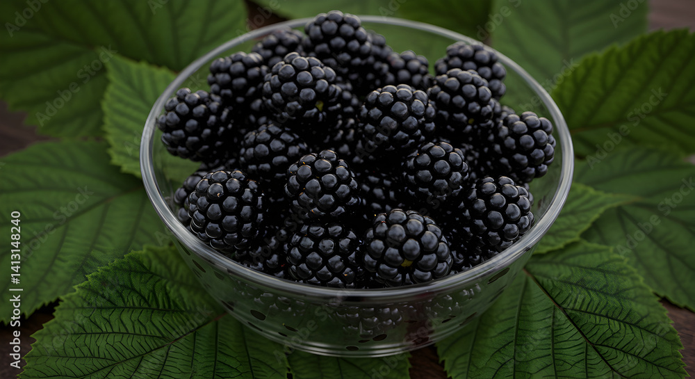 Bowl Of Fresh Blackberries With Green Leaves Placed on Wooden Table Bowl Of Fresh Blackberries With Green Leaves Placed on Wooden Table