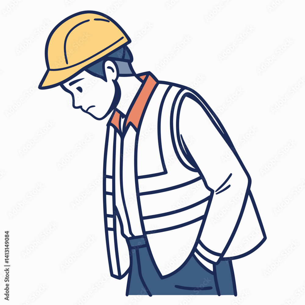 Cartoon Illustration Of Sad Construction Worker With Yellow Helmet Looking Down Cartoon Illustration Of Sad Construction Worker With Yellow Helmet Looking Down