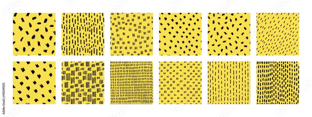 Small dash seamless pattern collection. Set of hand-drawn doodle textures on a yellow background. Cute minimalist textures with drops, lines, dashes. Perfect for kids design, fabric, wrapping paper