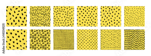Obraz na płótnie Small dash seamless pattern collection. Set of hand-drawn doodle textures on a yellow background. Cute minimalist textures with drops, lines, dashes. Perfect for kids design, fabric, wrapping paper w salonie