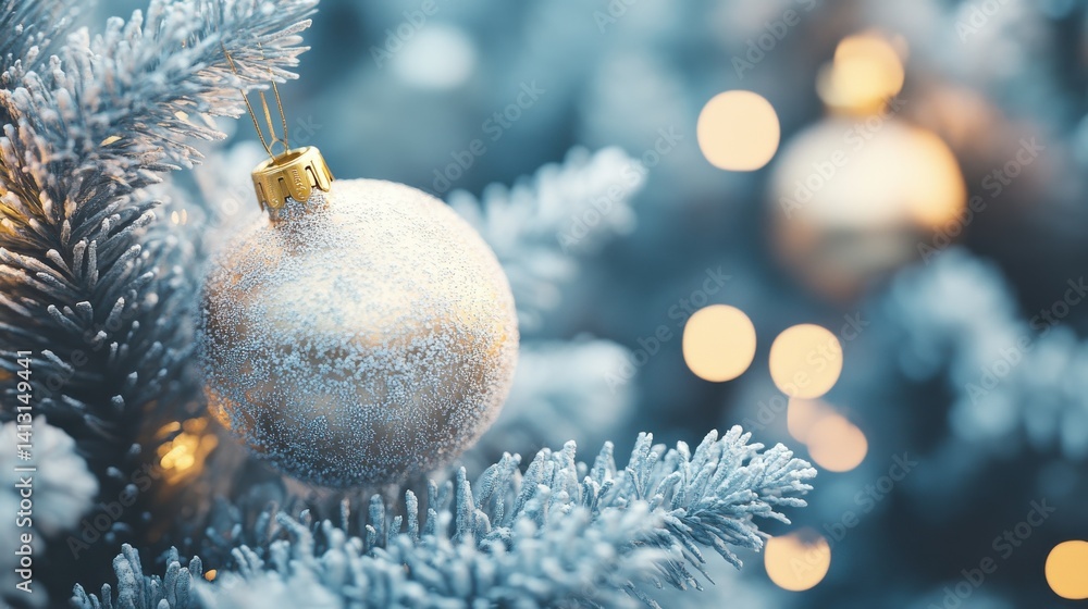 Sparkling Christmas Ornament on Frosted Tree with Blurry Lights