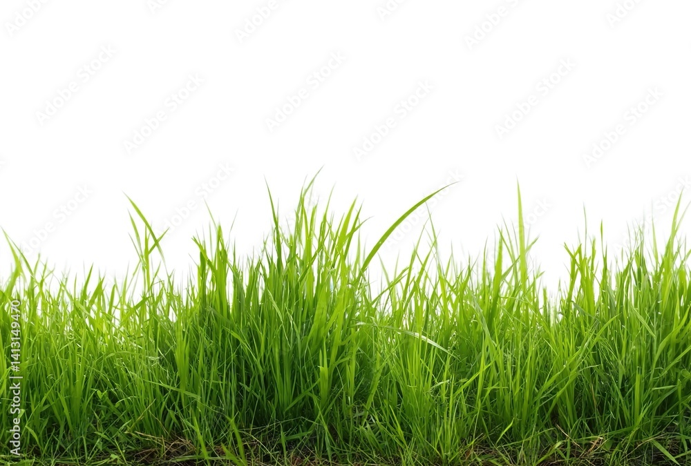 Obraz premium Linear grass simplicity. A single row of vibrant grass blades on white. Applications: text overlays in posters, website headers, or plant biology visuals. 