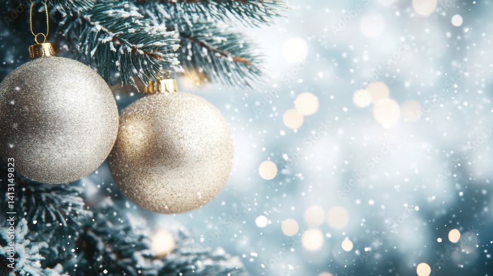 Sparkling Christmas Ornaments on Snowy Evergreen Tree Background