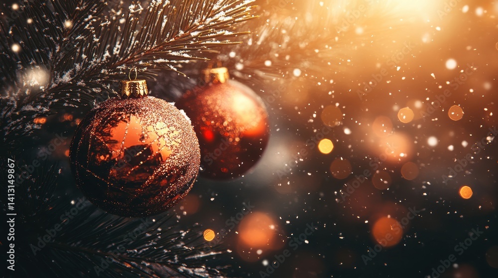 Sparkling Christmas Ornaments on Pine Tree Branch with Bokeh Lights