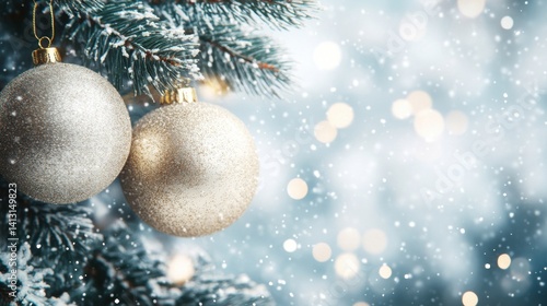 Obraz na płótnie Sparkling Christmas Ornaments on Snowy Evergreen Tree Background w salonie