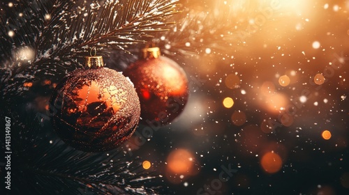 Obraz na płótnie Sparkling Christmas Ornaments on Pine Tree Branch with Bokeh Lights w salonie