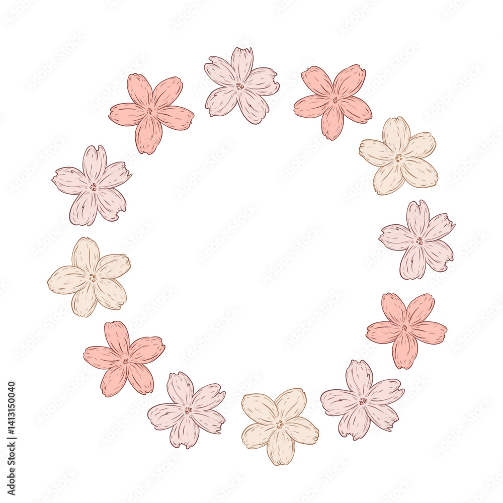 Vector frame with sakura flowers. Round wreath with pink flowers. Vector graphics, color illustration. Cute pink flowers, design and decoration. Festive invitations with space for text, greeting card. Vector frame with sakura flowers. Round wreath with pink flowers. Vector graphics, color illustration. Cute pink flowers, design and decoration. Festive invitations with space for text, greeting card.