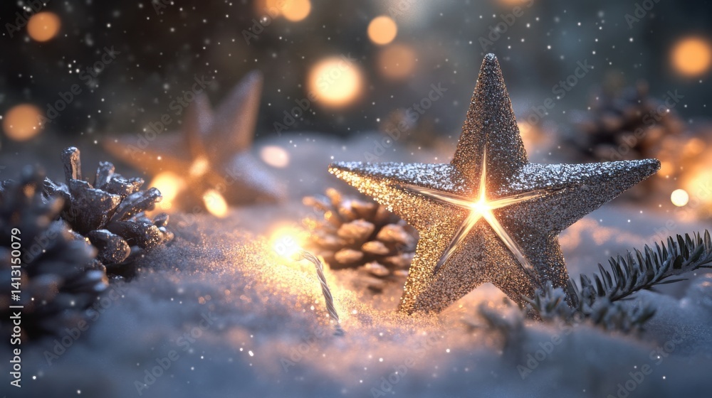 Sparkling Christmas Star on Snowy Ground with Pine Cones and Lights