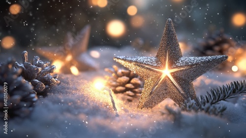 Obraz na płótnie Sparkling Christmas Star on Snowy Ground with Pine Cones and Lights w salonie