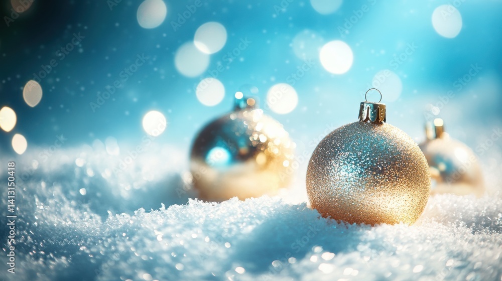 Sparkling Gold Ornaments on Snowy Surface with Blue Bokeh Background