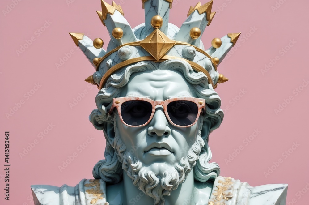 Naklejka premium Crowned statue wearing sunglasses stands against a vibrant pink backdrop in an outdoor setting