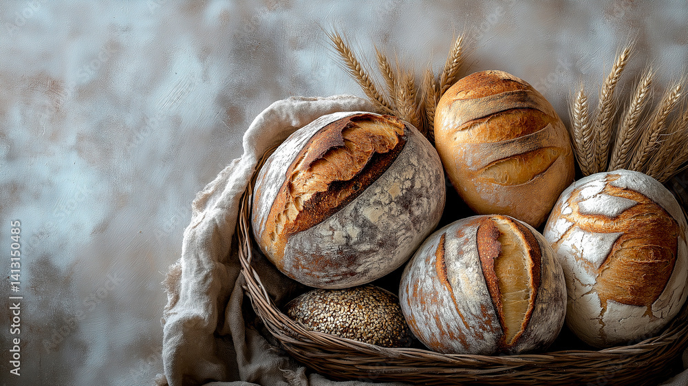 A rustic still life featuring several loaves of freshly baked sourdough bread in a wicker basket, accompanied by wheat stalks and draped with linen fabric, against a textured gray background, evoking