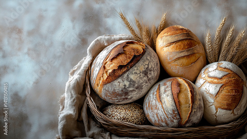 Obraz na płótnie A rustic still life featuring several loaves of freshly baked sourdough bread in a wicker basket, accompanied by wheat stalks and draped with linen fabric, against a textured gray background, evoking w salonie