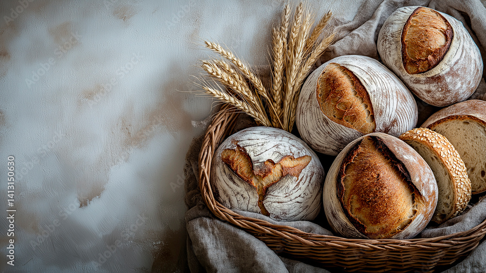 A rustic still life featuring several loaves of freshly baked sourdough bread in a wicker basket, accompanied by wheat stalks and draped with linen fabric, against a textured gray background, evoking
