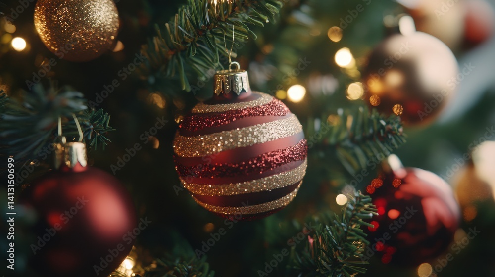 Sparkling Red and Gold Christmas Ornament on Festive Tree Branch