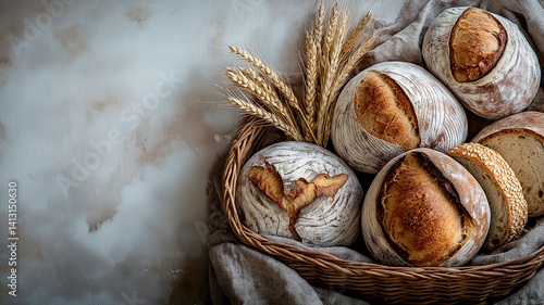 Obraz na płótnie A rustic still life featuring several loaves of freshly baked sourdough bread in a wicker basket, accompanied by wheat stalks and draped with linen fabric, against a textured gray background, evoking w salonie