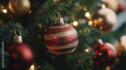 Obraz na płótnie Sparkling Red and Gold Christmas Ornament on Festive Tree Branch w salonie