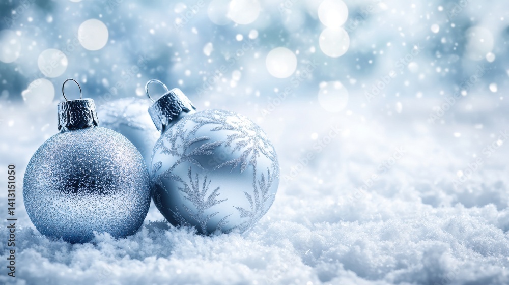 Sparkling Silver Christmas Ornaments on Fresh Snow Background