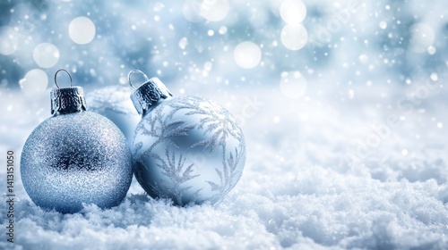 Obraz na płótnie Sparkling Silver Christmas Ornaments on Fresh Snow Background w salonie