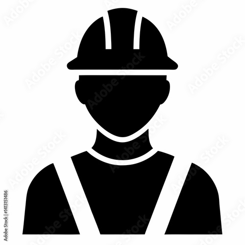 A black silhouette of a construction worker wearing a hard hat and safety gear