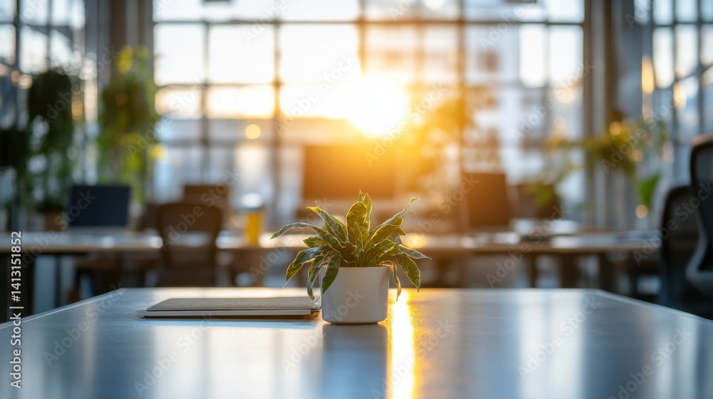 Sunlight Streaming Through Office Window with Indoor Plant Decoration