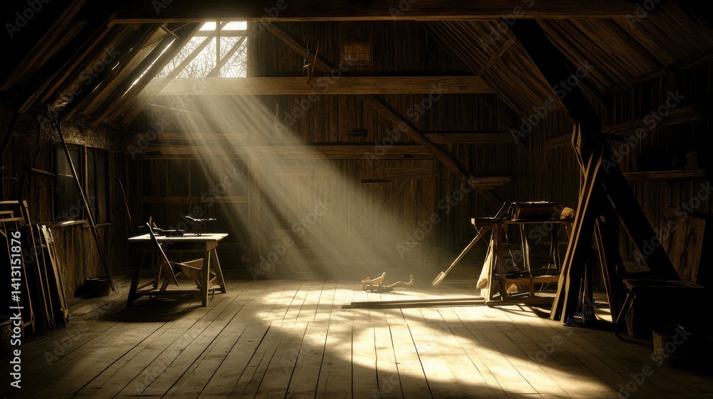 Sunlight Streaming Through Window in Rustic Wooden Workshop