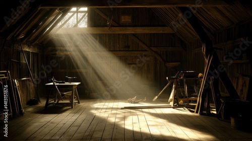 Obraz na płótnie Sunlight Streaming Through Window in Rustic Wooden Workshop w salonie