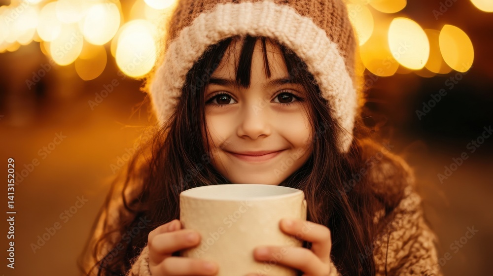 Sweet girl holding warm drink with cozy background of lights