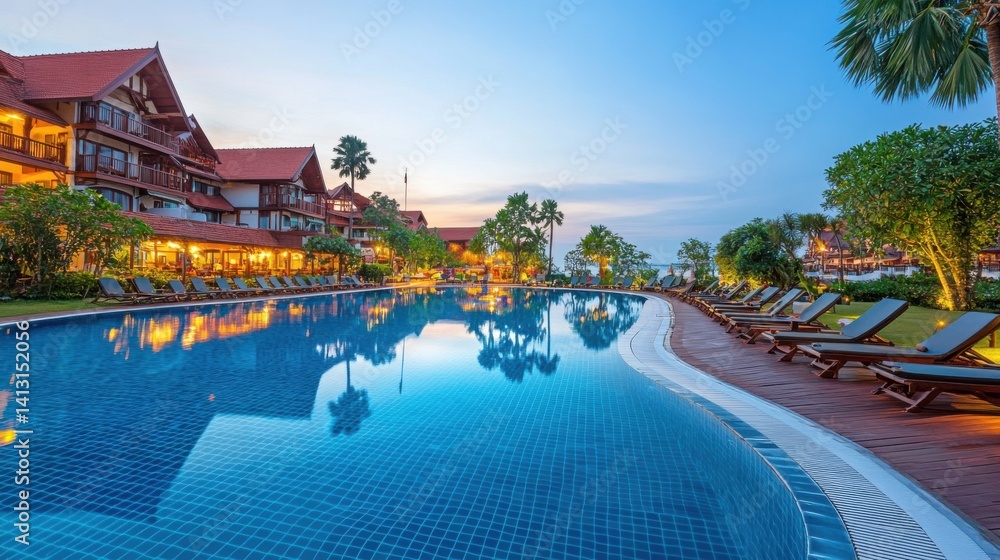 Tranquil evening at luxury resort pool with palm trees and lights