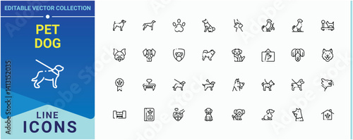 Pet Dog icon set. Pack of animal, animals, domestic, pets and more. Dog icon set in linear style. Thin line icons set. Editable stroke. Vector collection.
