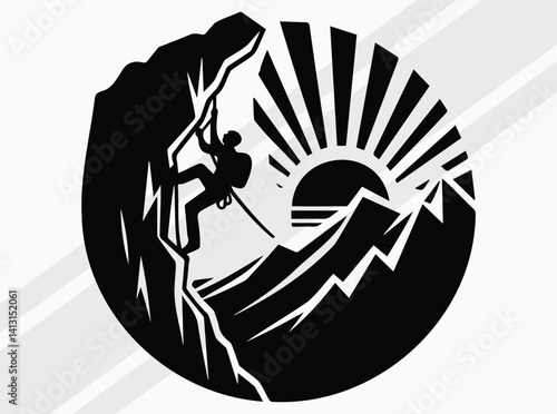 Mountain Climber Black Silhouette Design with Backpack and Sun Background Perfect for Hiking Gear Logos Adventure Posters and Outdoor Enthusiast Brands