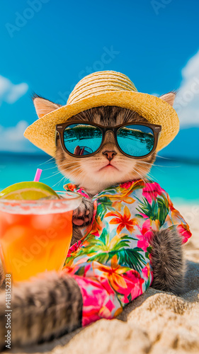 A whimsical image of a tabby kitten dressed in a Hawaiian shirt and straw hat, wearing sunglasses reflecting a tropical beach, and holding a cocktail with a lime wedge, embodying summer vacation fun.