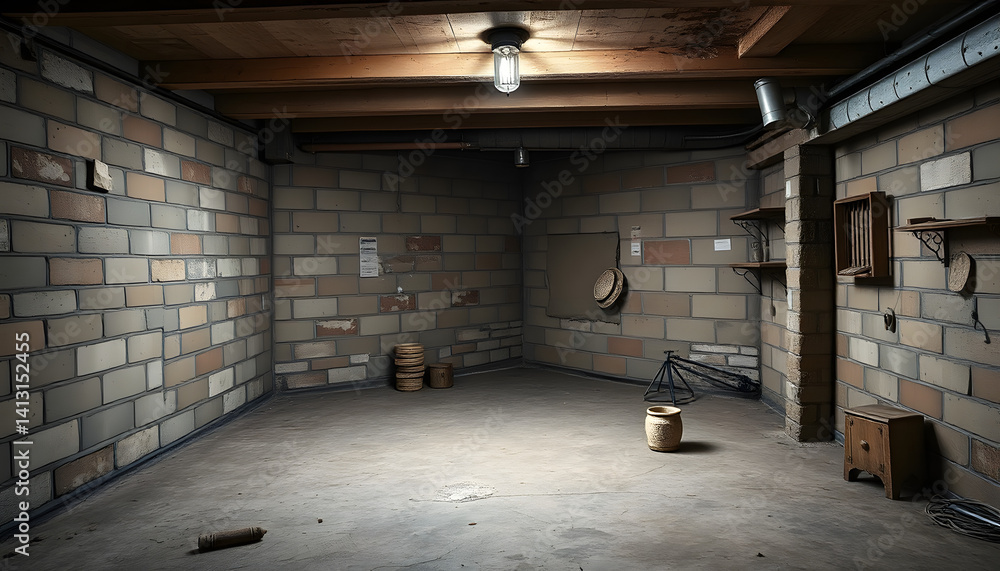 Old empty, grunge basement room with copy space, craft clay. with white shades Old empty, grunge basement room with copy space, craft clay. with white shades