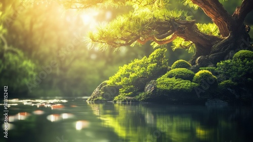 Tranquil Nature Scene with Reflective Water and Lush Greenery