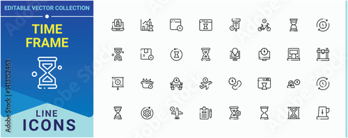 Time Frame modern icon set. Pack of day, sandglass, time, timer, hour, watch, countdown and more. Duration vector line icon set. Vector artwork and illustration.