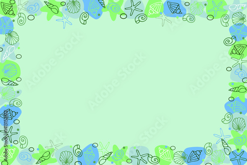 Colorful rectangular sea frame made of shells and starfish, hand drawn in cartoon style.