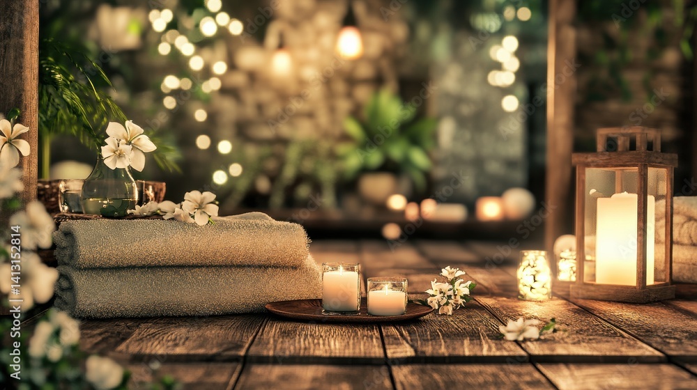 Tranquil Spa Setting with Candles, Towels, and Flowers in Background