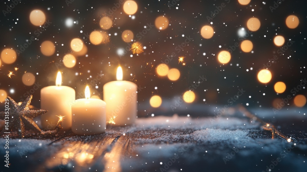 Tranquil Winter Scene with Candles and Snowflakes in Soft Light