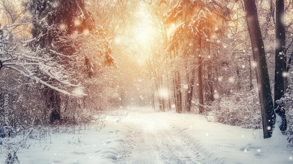Tranquil Winter Pathway Through Snowy Forest at Sunset Glow