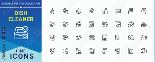 Dish Cleaner icon set. Includes symbols for wash, house, service, washing, hygiene, dish, bath and more. Dishwasher icon set. Modern thin line style icons. Editable stroke vector art.