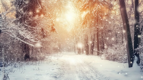 Obraz na płótnie Tranquil Winter Pathway Through Snowy Forest at Sunset Glow w salonie