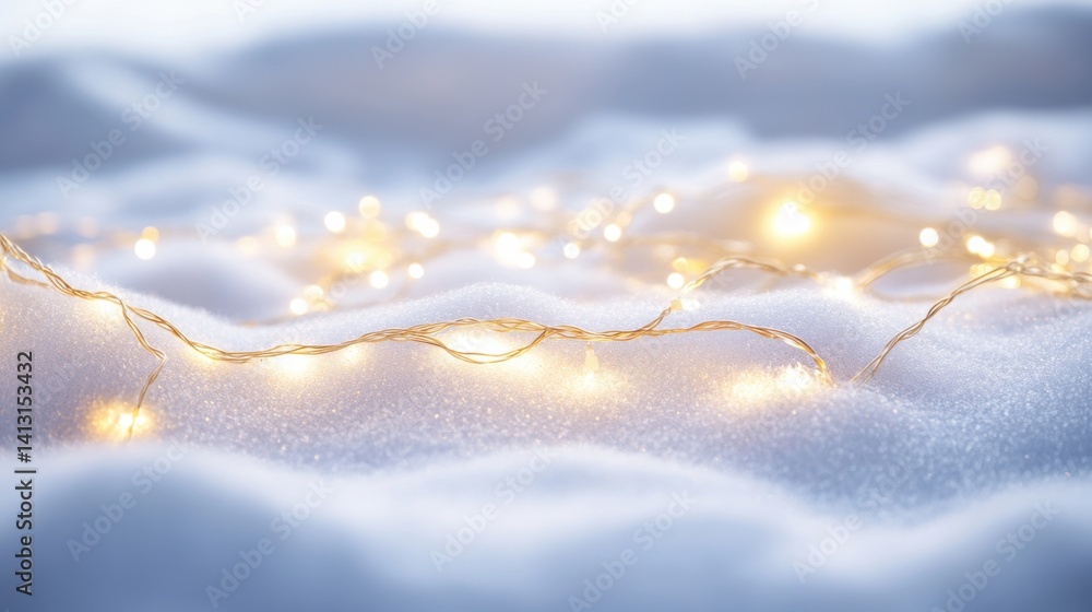 Twinkling Fairy Lights on Soft Snowy Surface in Winter Landscape