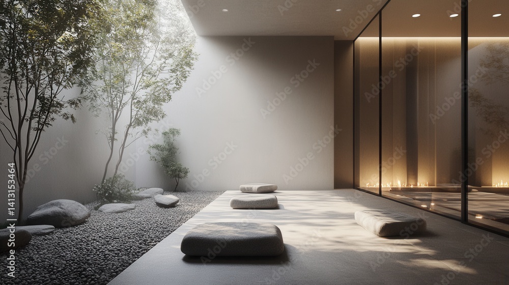 Tranquil Zen Space with Natural Light and Stones for Meditation