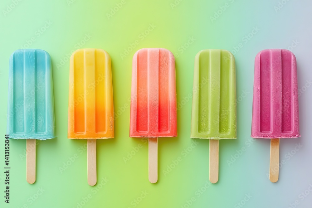 Cream popsicle in vibrant rainbow colors arranged neatly on a colorful background