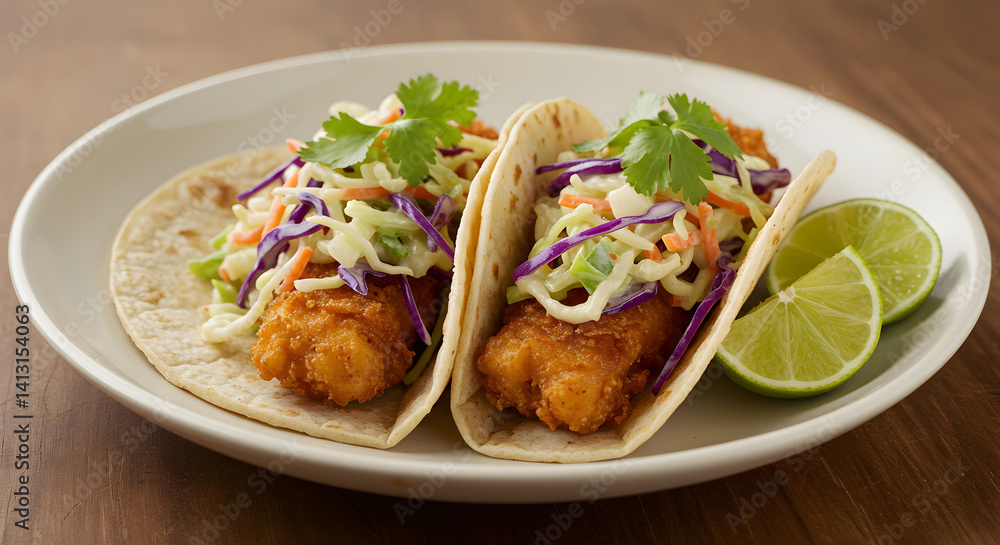 Delicious Fish Tacos with Fresh Coleslaw Topping on a White Plate Delicious Fish Tacos with Fresh Coleslaw Topping on a White Plate