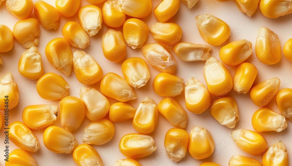 Fototapeta premium A Close-Up View of Glossy Yellow Corn Kernels Spread Across a Light Background, Highlighting Their Smooth Texture and Vibrant Coloration